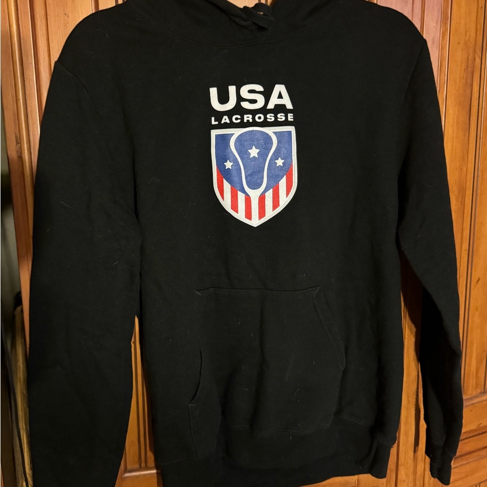 LaCrosse USA Black Hoodie with Blue and Red Emblem